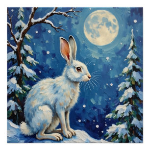 Vintage Arctic Hare in Winter Moonlight Christmas Poster