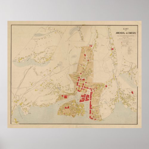 Vintage Arendal Norway Map 1884 Poster