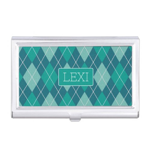 Vintage Argyle Teal Shades Your Initials or Name Business Card Case
