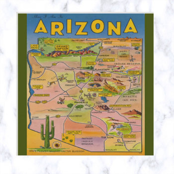 Vintage Arizona Map And Cactus Postcard by NorthernPrint at Zazzle