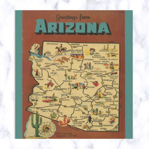 Vintage Arizona Map Cactus and Saguaro Blossom Postcard