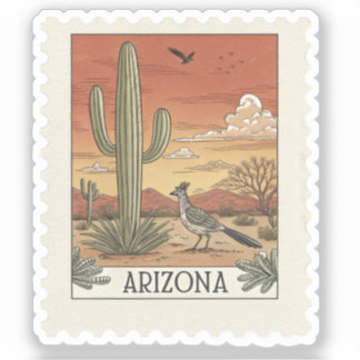 Vintage Arizona Saguaro Cactus Roadrunner Stamp Sticker