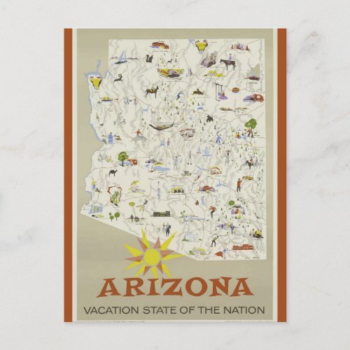 Vintage Arizona State Vacation Map Travel Postcard