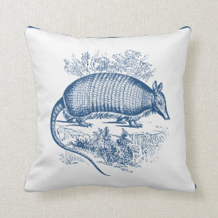 Vintage Armadillo Antique Woodblock Blue Throw Pillow