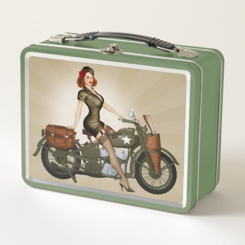 Vintage Army Motorcycle Pinup Lunch Box