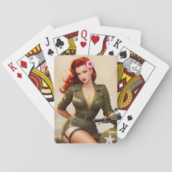 Vintage Army Motorcycle Pinup Playing Cards by digitalgirlies at Zazzle