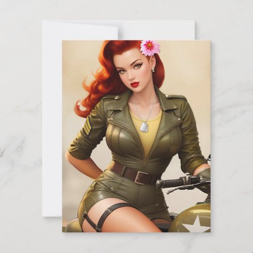 Vintage Army Motorcycle Pinup Thank You Card