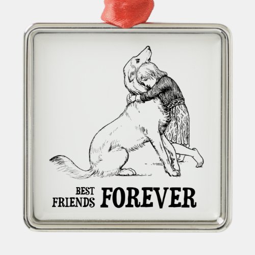 Vintage Art Best Friends Forever Girl hugging Dog Metal Ornament