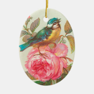 Vintage Art Bird and Rose Ceramic Ornament