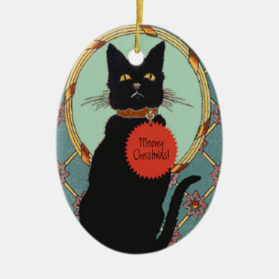 Vintage Art Black Cat Meowy Christmas Ceramic Ornament