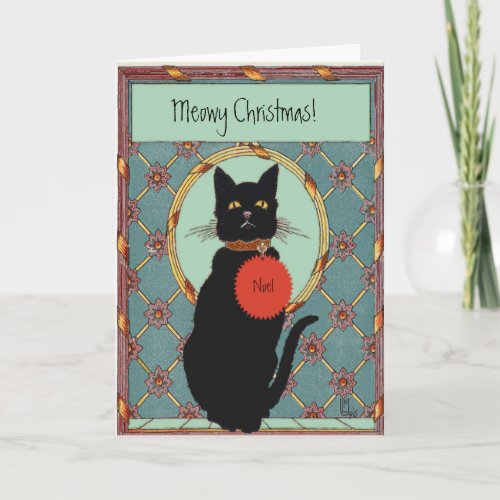 Vintage Art Black Cat Meowy Christmas Holiday Card