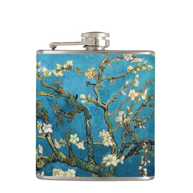 Vintage art Blossoming Almond Tree Van Gogh Flask (Front)
