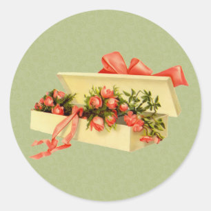 Vintage Art Box Of Roses Classic Round Sticker
