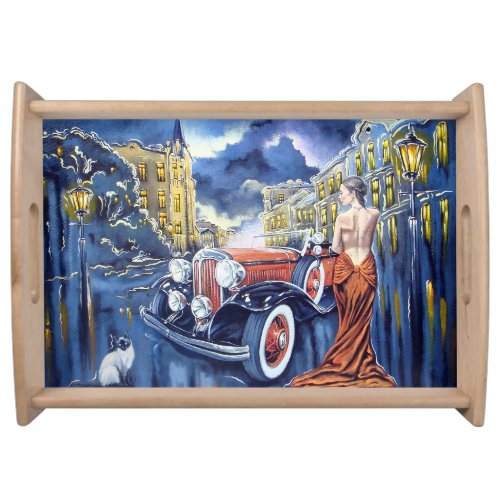 Vintage Art Car and Girl Portrait Serving Tray