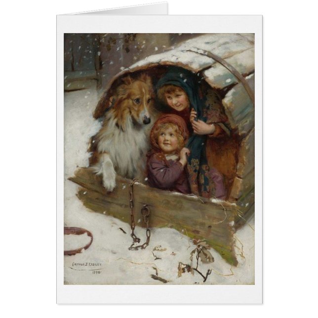 Vintage Art -Children & Dog Shelter from the Snow, (Front)