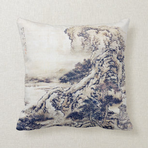 Vintage Art Chinese Landscape Painting Black White Throw Pillow