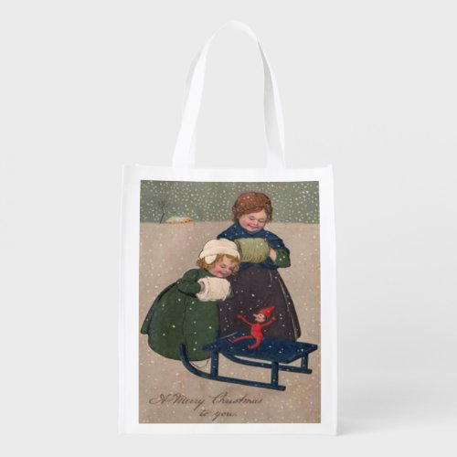 Vintage Art Christmas Girls Elf Sled Reusable Grocery Bag