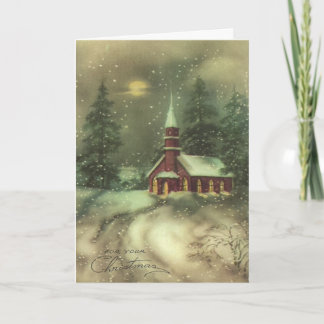 Vintage Art Church On a Snowy Night, Customize It Holiday Card