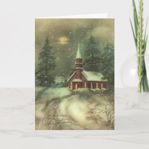 Vintage Art Church On a Snowy Night Customize It Holiday Card
