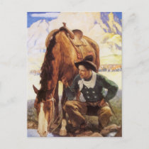 Vintage Art, Cowboy Watering His Horse by NC Wyeth Postcard