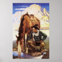 Vintage Art, Cowboy Watering His Horse by NC Wyeth Poster