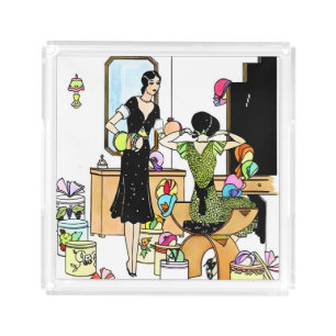 Vintage Art Deco 1920s Hat Shop Illustration Acrylic Tray