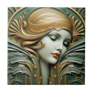 Vintage Art Deco Art Nouveau Green Gold Ceramic Tile