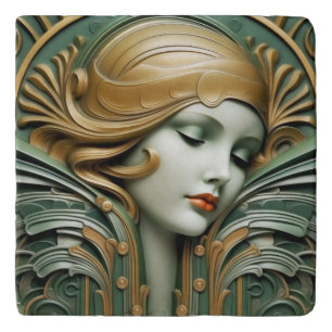 Vintage Art Deco Art Nouveau Green Gold Trivet