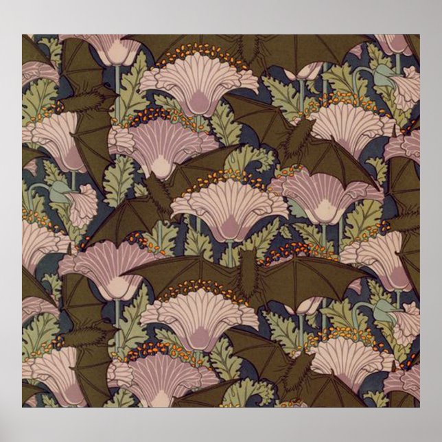 Vintage Art Deco Bat and Flowers Poster (Front)