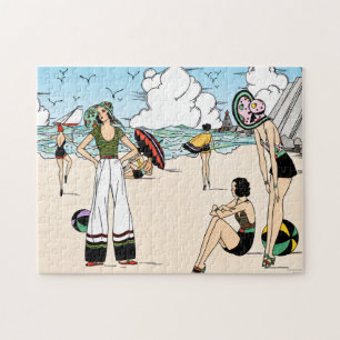 Vintage Art Deco Beach Illustration 1920s Coastal Jigsaw Puzzle