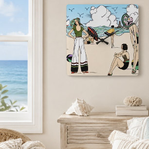 Vintage Art Deco Beach Illustration 1920s Coastal Square Wall Clock