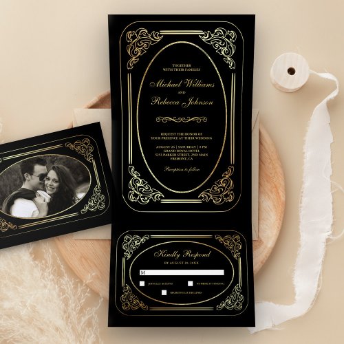 Vintage Art Deco Black and Gold All in One Wedding Tri_Fold Invitation