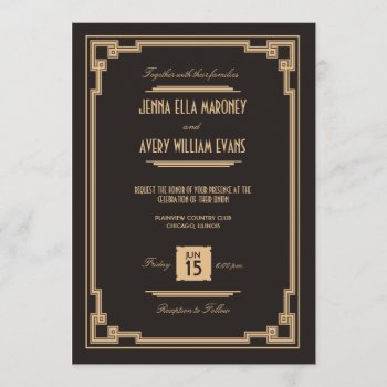 Vintage Art Deco Black And Gold Wedding Invitation by GreenLeafDesigns at Zazzle