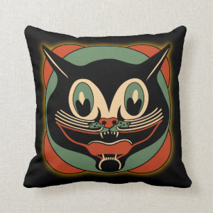 Retro Vintage Halloween Decor Black Cat Face Throw Pillow for