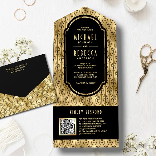 Vintage Art Deco Black Gold QR Code Wedding All In One Invitation