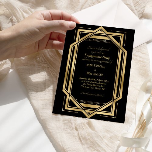 Vintage Art Deco Black  Gold StyleA Engagement Invitation