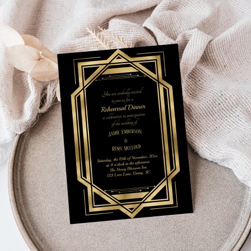 Vintage Art Deco Black  Gold StyleA Rehearsal Invitation