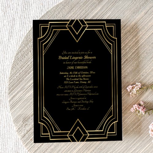 Vintage Art Deco Black Gold StyleC Lingerie Shower Invitation