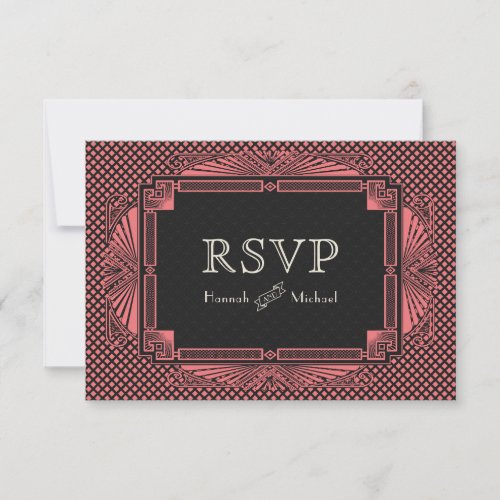 Vintage Art Deco Black Salmon Pink RSVP Card