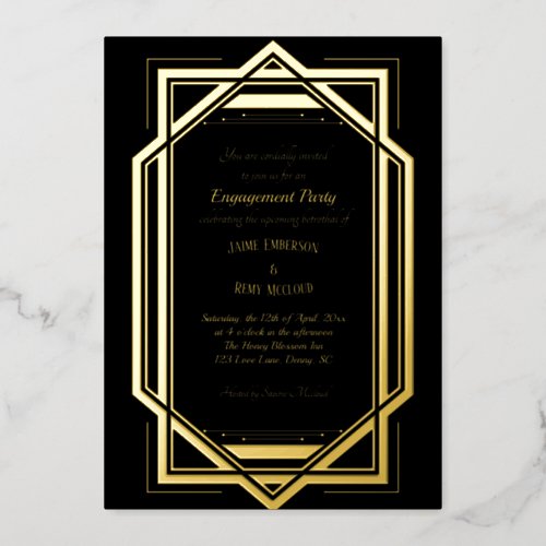 Vintage Art Deco Black Wedding Engagement Party Foil Invitation