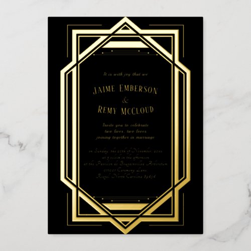 Vintage Art Deco Black Wedding  Foil Invitation