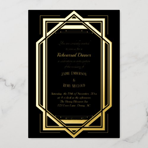 Vintage Art Deco Black Wedding Rehearsal Dinner Foil Invitation