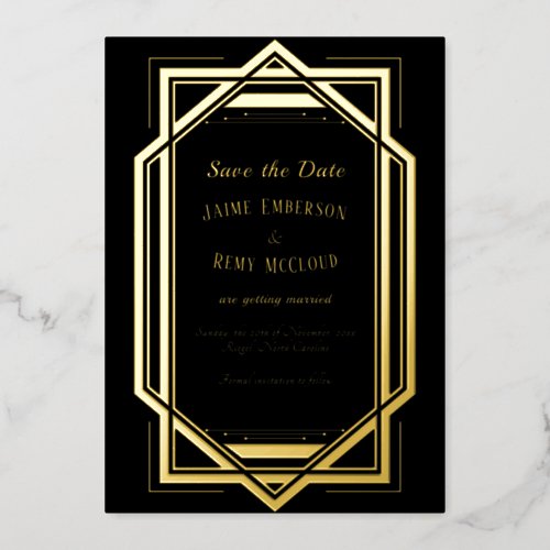 Vintage Art Deco Black Wedding Save the Date Foil Invitation