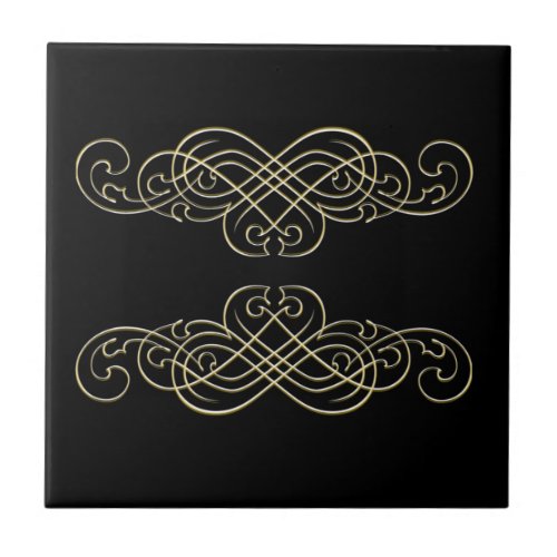 Vintage Art Deco Black White  and Gold Scroll Ceramic Tile