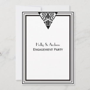 Vintage Art Deco Black White Frame #1 V Engagement Invitation