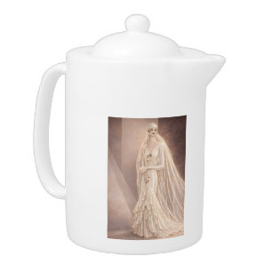 Vintage Art Deco Bridal Fashion Illustration Teapot