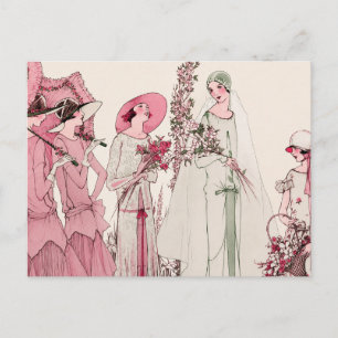 Vintage Art Deco Bridal Party Illustration Postcard