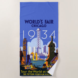 Vintage Art Deco Chicago 1934 World's Fair Poster Beach Towel