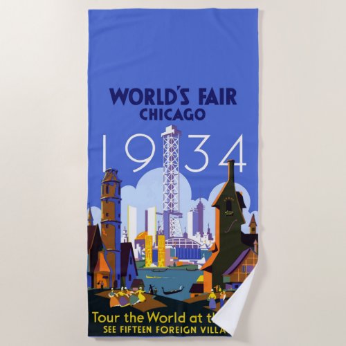 Vintage Art Deco Chicago 1934 Worlds Fair Poster Beach Towel