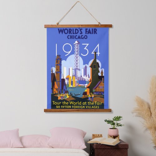 Vintage Art Deco Chicago 1934 Worlds Fair Poster Hanging Tapestry